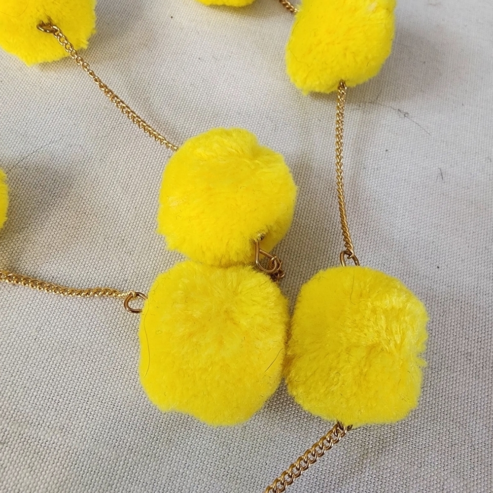 Lemon Yellow Color Pompom on Gold Chain Necklace Earrings Set - Picture 7 of 10